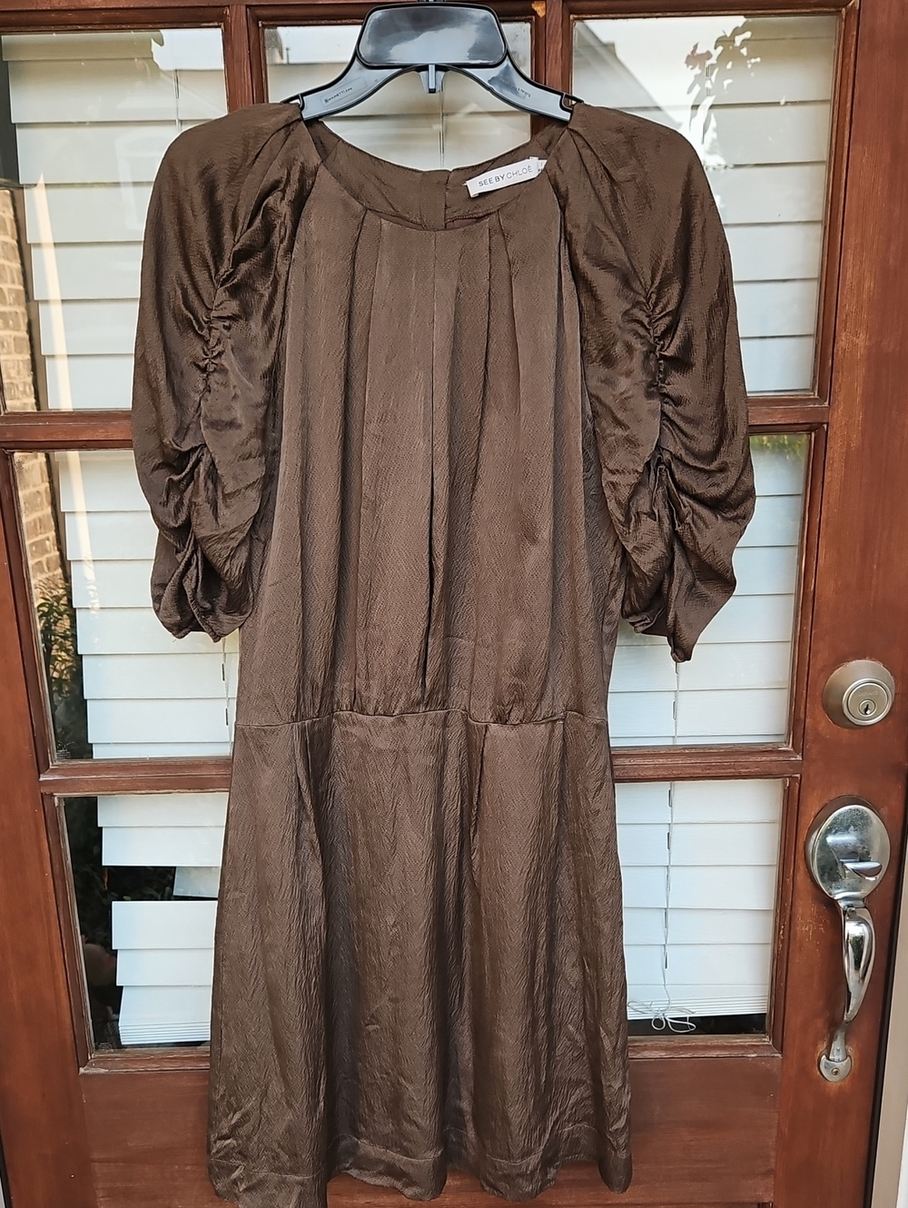 See By Chloe Chocolate Brown Fall Silk Cottagecore Prairie Puff-Sleeve Dress
